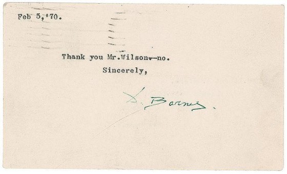 djuna barnes signed postcard to robert wilson 1970
